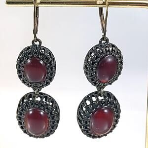 Garnet Stone Dangle Earrings, Vintage Black Metal Frame, Elegant Drop Design